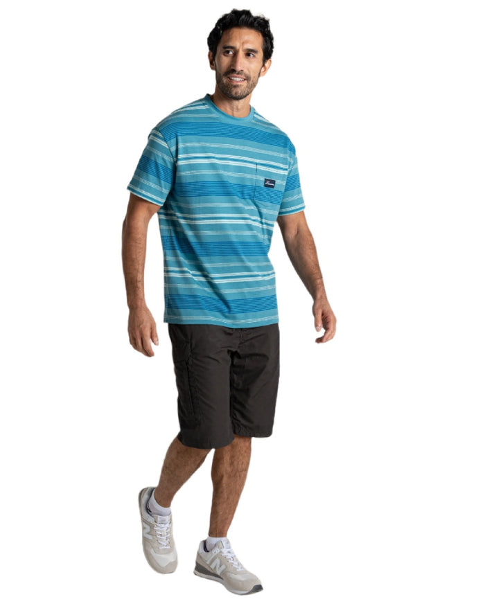 Tranquil Blue Stripe Craghoppers Mens Pointer Short Sleeved T-Shirt on white background #colour_tranquil-blue-stripe