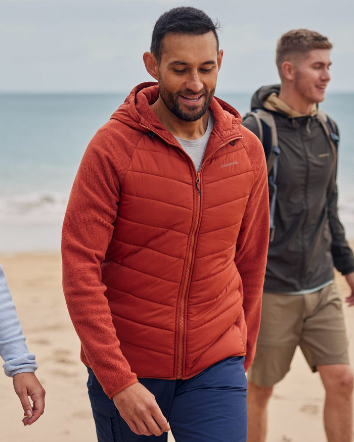 Red Beach coloured Craghoppers Mens Vamos Hybrid Insulating Jacket  on beach background #colour_red-beach