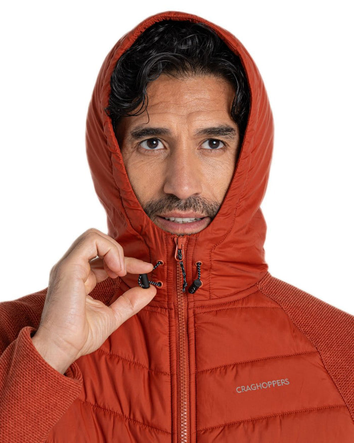 Red Beach coloured Craghoppers Mens Vamos Hybrid Insulating Jacket  on white background #colour_red-beach