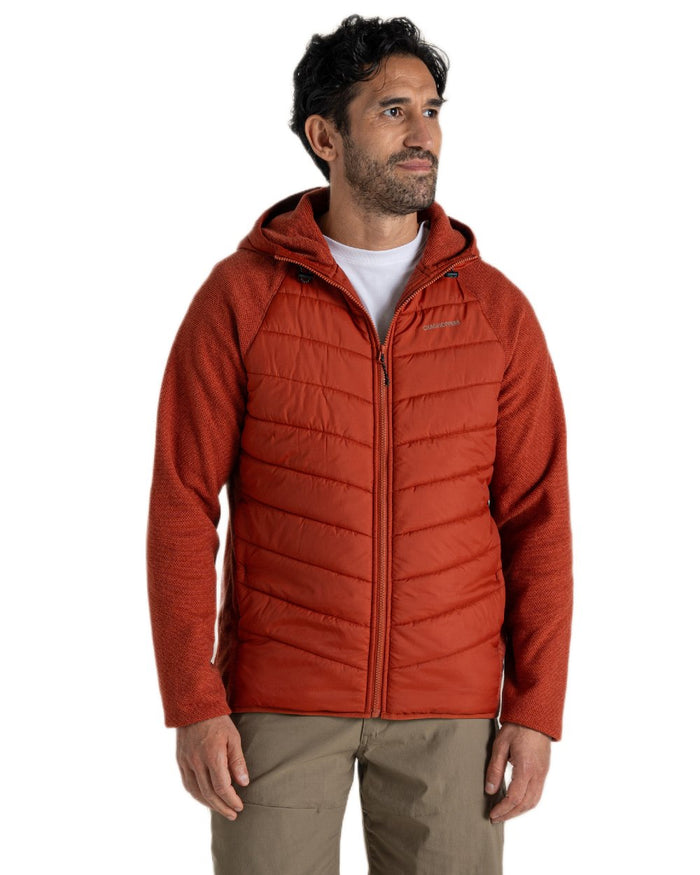 Red Beach coloured Craghoppers Mens Vamos Hybrid Insulating Jacket  on white background #colour_red-beach