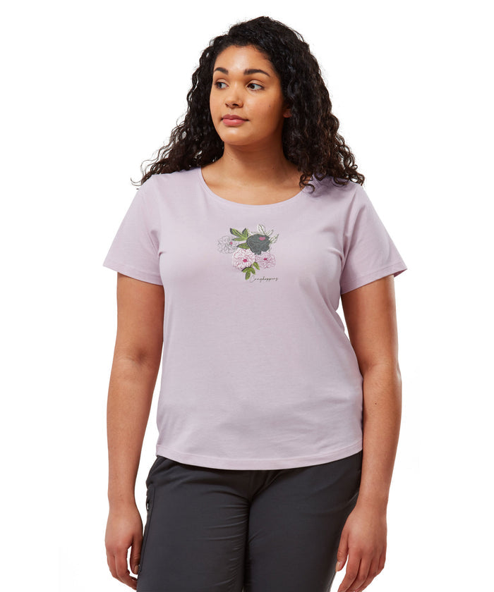 Brushed Lilac Floral Craghoppers Miri Short Sleeve T-Shirt on white background #colour_brushed-lilac-floral
