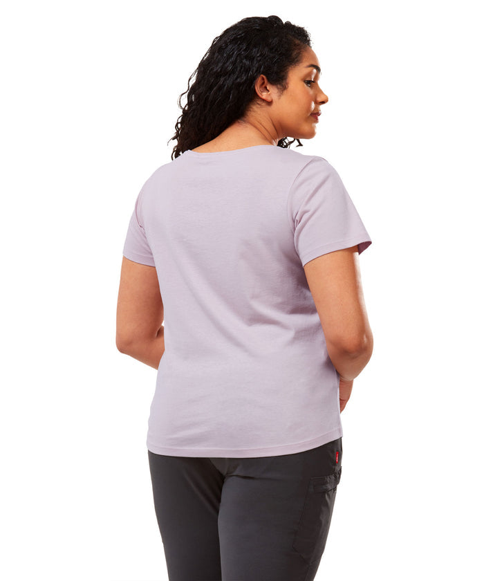Brushed Lilac Floral Craghoppers Miri Short Sleeve T-Shirt on white background #colour_brushed-lilac-floral