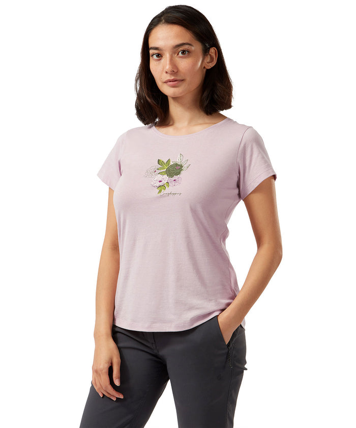 Brushed Lilac Floral Craghoppers Miri Short Sleeve T-Shirt on white background #colour_brushed-lilac-floral