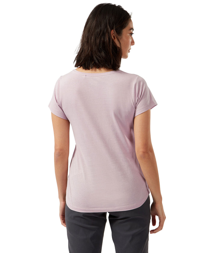 Brushed Lilac Floral Craghoppers Miri Short Sleeve T-Shirt on white background #colour_brushed-lilac-floral