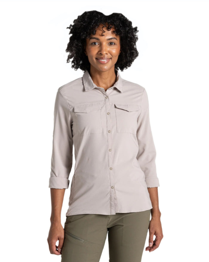 Soft Mushroom coloured Craghoppers NosiLife Pro Ladies Long Sleeve Shirt on white background #colour_soft-mushroom