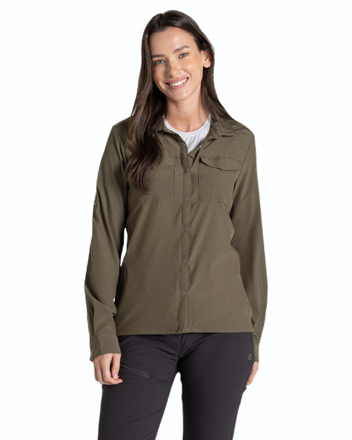 Wild Olive coloured Craghoppers NosiLife Pro Ladies Long Sleeve Shirt on white background #colour_wild-olive