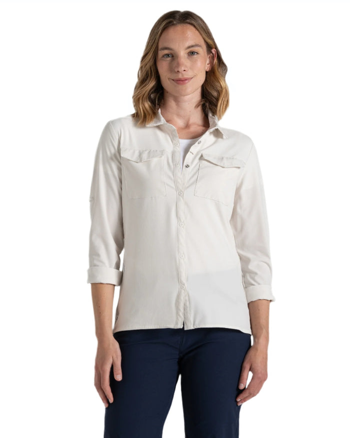 Sea Salt coloured Craghoppers NosiLife Pro Ladies Long Sleeve Shirt on white background #colour_sea-salt
