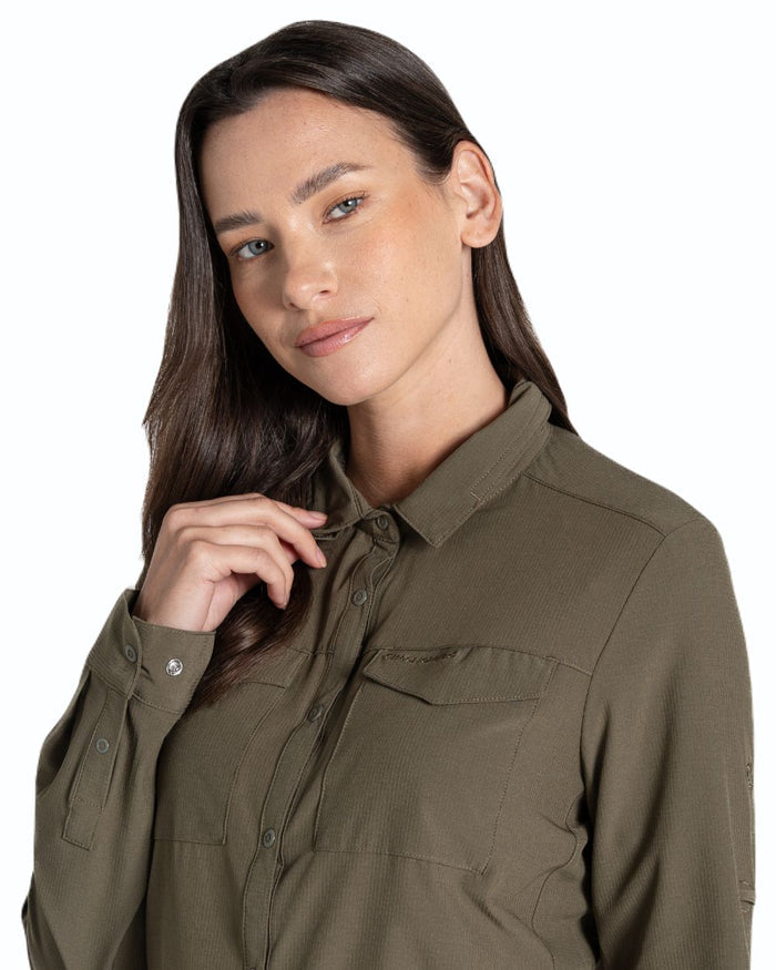 Wild Olive coloured Craghoppers NosiLife Pro Ladies Long Sleeve Shirt on white background #colour_wild-olive