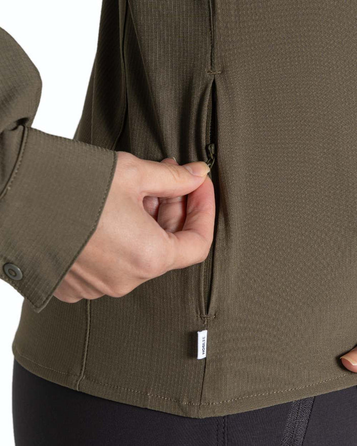 Wild Olive coloured Craghoppers NosiLife Pro Ladies Long Sleeve Shirt on white background #colour_wild-olive