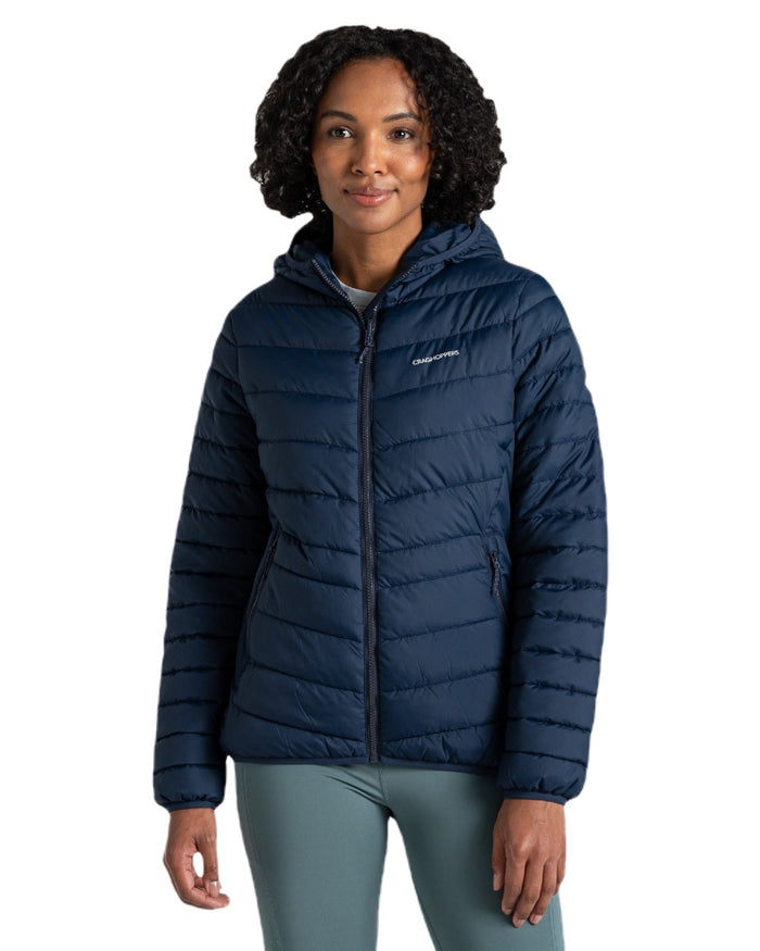 Blue Navy coloured Craghoppers Womens Compresslite IX Hooded Insulating Jacket on white background #colour_blue-navy
