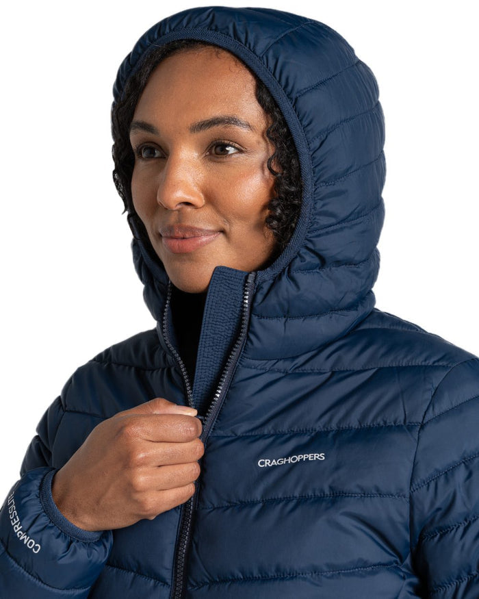 Blue Navy coloured Craghoppers Womens Compresslite IX Hooded Insulating Jacket on white background #colour_blue-navy