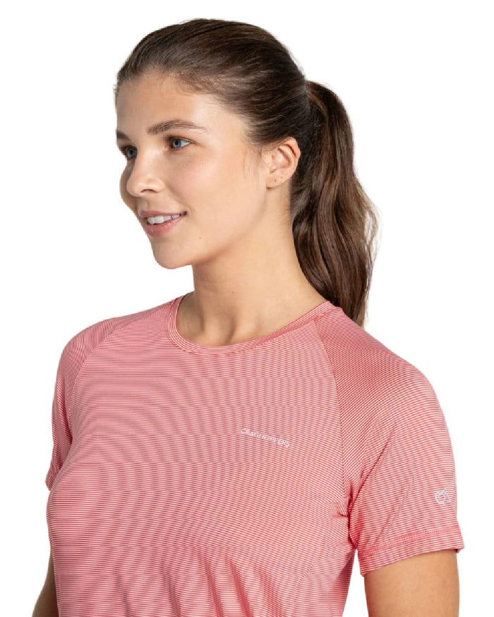 Coral Reef Coloured Craghoppers Womens Ellie Short Sleeved T-Shirt on white background #colour_coral-reef