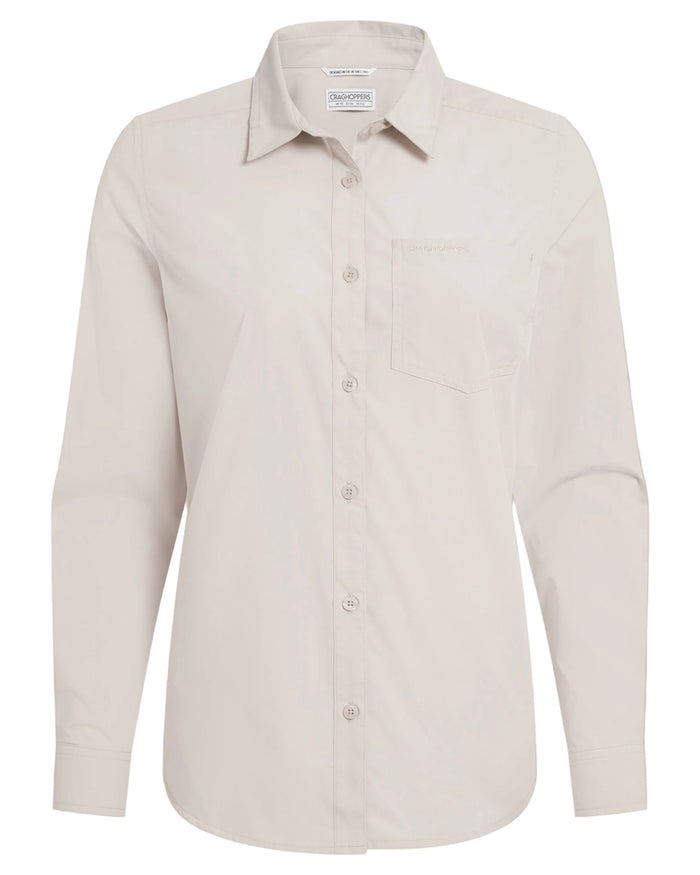 Stone coloured Craghoppers Womens Kiwi III Long Sleeved Shirt on white background #colour_stone