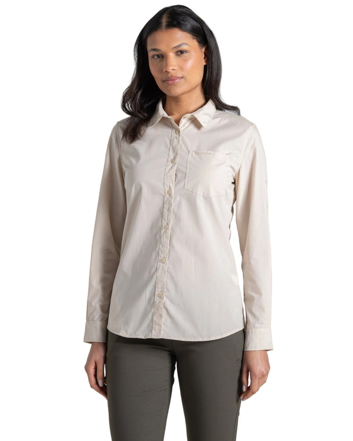 Stone coloured Craghoppers Womens Kiwi III Long Sleeved Shirt on white background #colour_stone