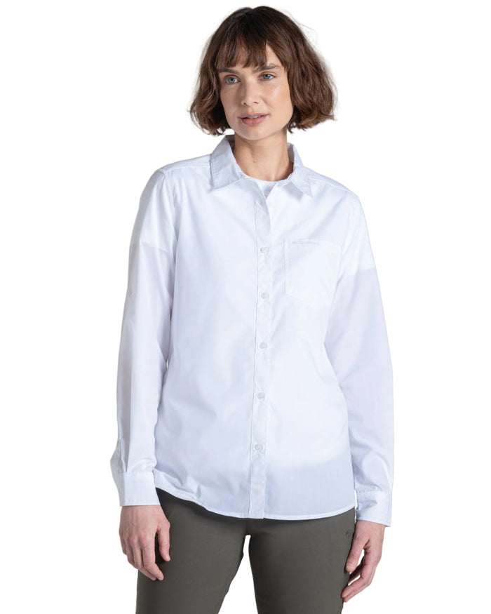 White coloured Craghoppers Womens Kiwi III Long Sleeved Shirt on white background #colour_white