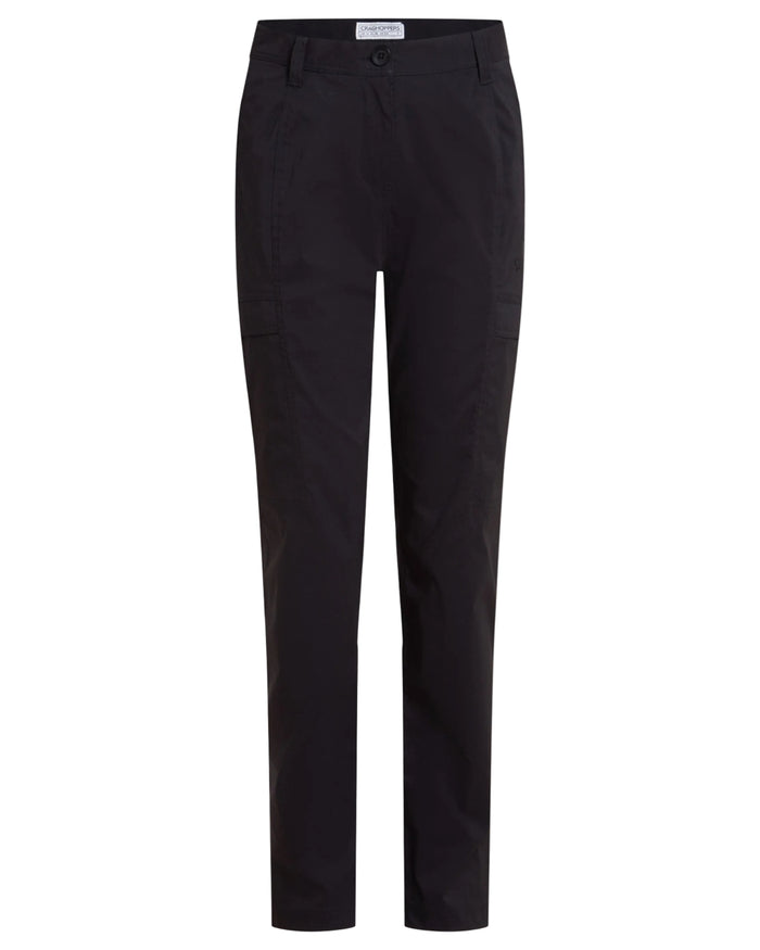 Black coloured Craghoppers Womens Kiwi Pro Cargo Trousers on white background #colour_black
