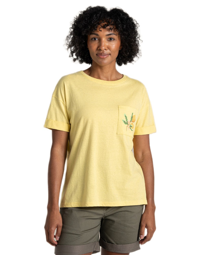 Pale Daffodil coloured Craghoppers Womens Maya Short Sleeved T-Shirt on white background #colour_pale-daffodil