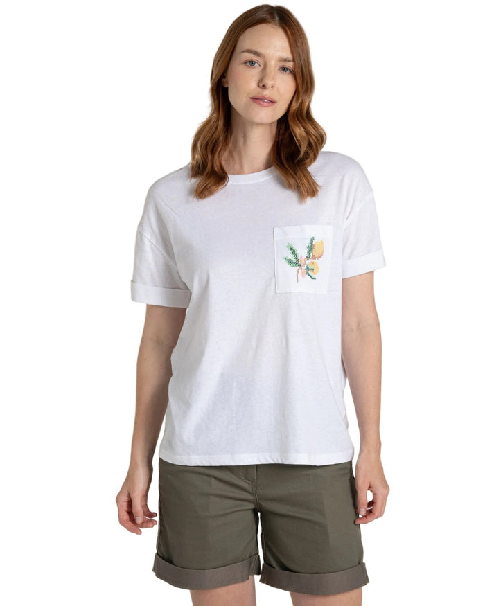 White coloured Craghoppers Womens Maya Short Sleeved T-Shirt on white background #colour_white