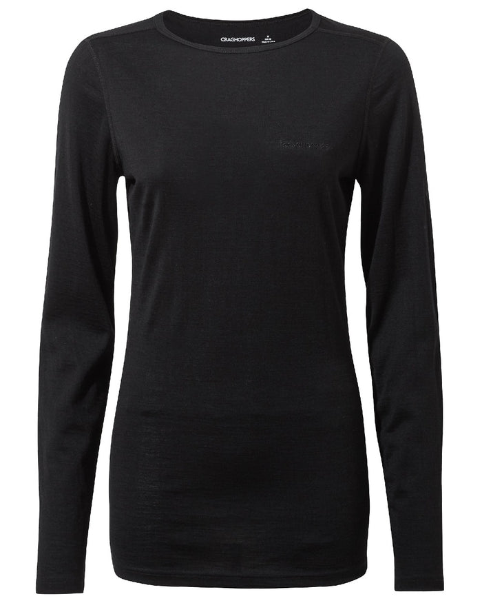 Black coloured Craghoppers Womens Merino Crew Neck Long Sleeved Baselayer II on white background #colour_black
