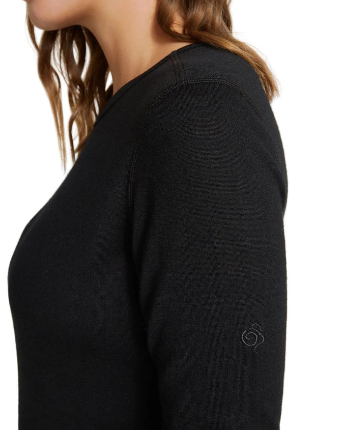 Black coloured Craghoppers Womens Merino Crew Neck Long Sleeved Baselayer II on white background #colour_black