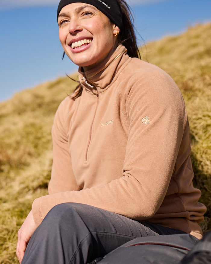 Umber Coloured Craghoppers Womens Miska Half-Zip Fleece on outdoor background #colour_umber