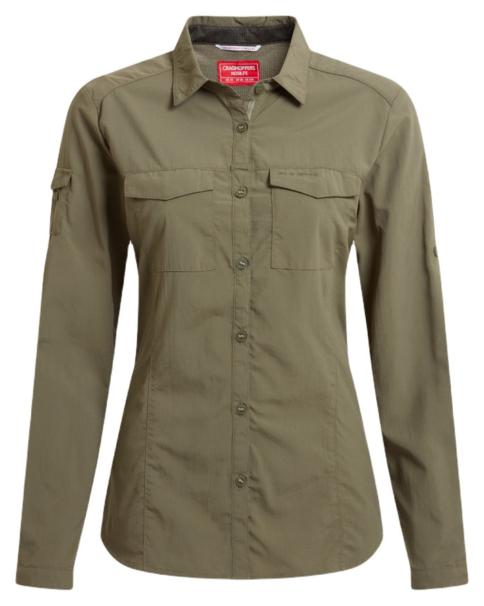 Wild Olive coloured Craghoppers Womens NosiLife Adventure Long Sleeved Shirt III on white background #colour_wild-olive