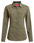 Wild Olive coloured Craghoppers Womens NosiLife Adventure Long Sleeved Shirt III on white background #colour_wild-olive