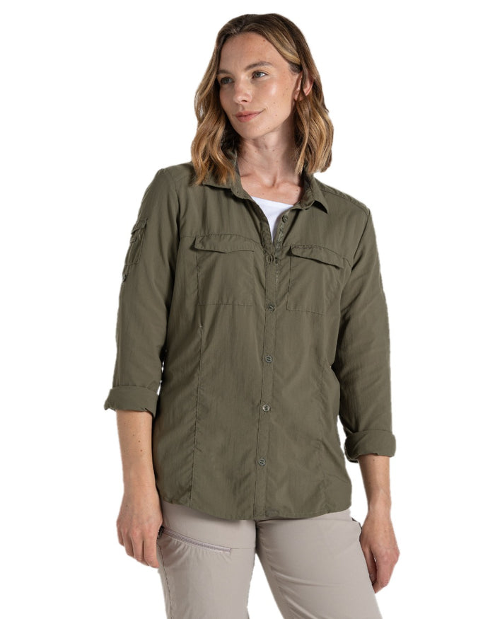 Wild Olive coloured Craghoppers Womens NosiLife Adventure Long Sleeved Shirt III on white background #colour_wild-olive