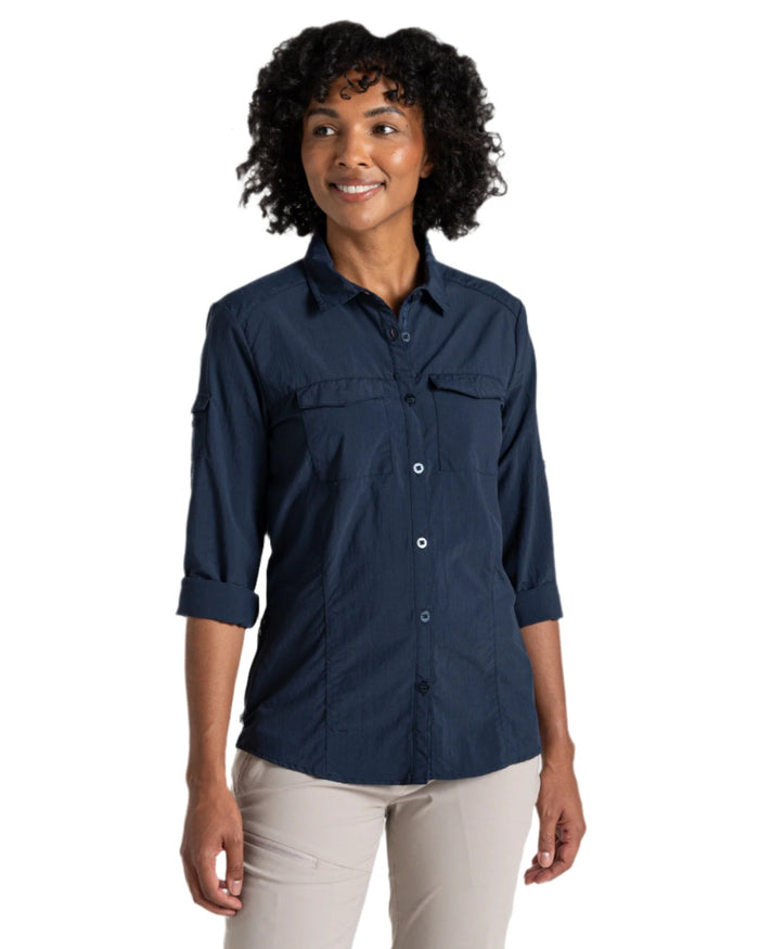 Blue Navy coloured Craghoppers Womens NosiLife Adventure Long Sleeved Shirt III on white background #colour_blue-navy