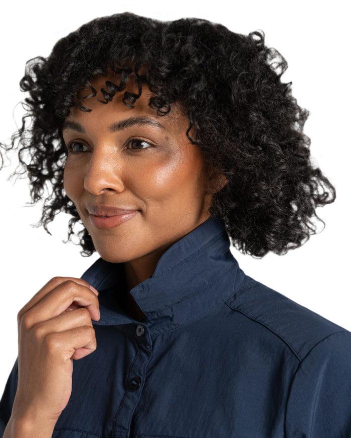 Blue Navy coloured Craghoppers Womens NosiLife Adventure Long Sleeved Shirt III on white background #colour_blue-navy