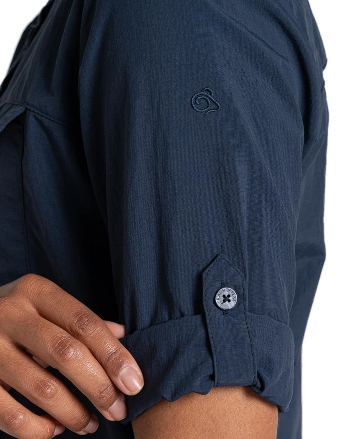 Blue Navy coloured Craghoppers Womens NosiLife Adventure Long Sleeved Shirt III on white background #colour_blue-navy