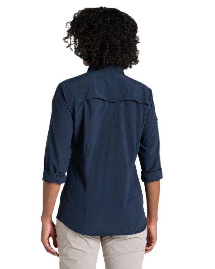 Blue Navy coloured Craghoppers Womens NosiLife Adventure Long Sleeved Shirt III on white background #colour_blue-navy