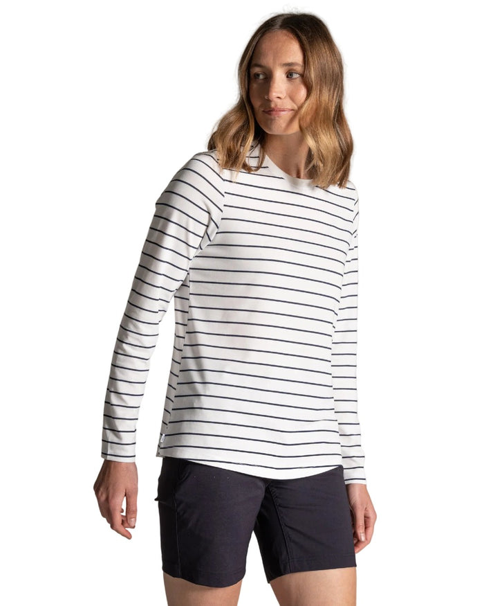 Sail White Blue Navy Stripe coloured Craghoppers Womens NosiLife Akona Long Sleeved Top on white background #colour_sail-white-blue-navy-stripe