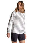 Sail White Blue Navy Stripe coloured Craghoppers Womens NosiLife Akona Long Sleeved Top on white background #colour_sail-white-blue-navy-stripe