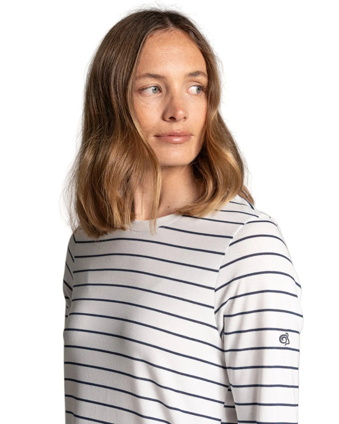 Sail White Blue Navy Stripe coloured Craghoppers Womens NosiLife Akona Long Sleeved Top on white background #colour_sail-white-blue-navy-stripe