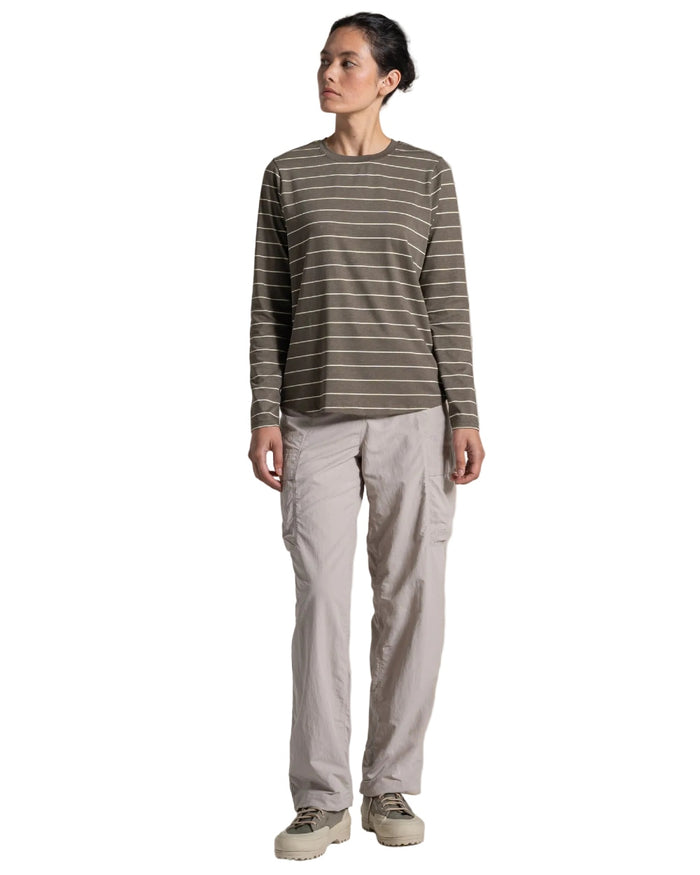 Wild Olive Stripe coloured Craghoppers Womens NosiLife Akona Long Sleeved Top on white background #colour_wild-olive-stripe