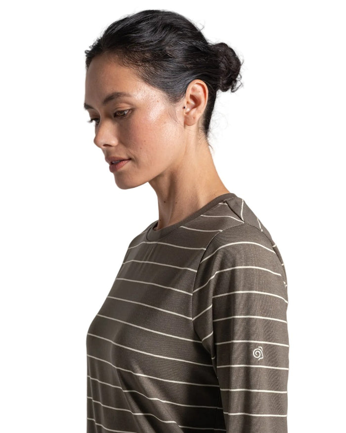Wild Olive Stripe coloured Craghoppers Womens NosiLife Akona Long Sleeved Top on white background #colour_wild-olive-stripe