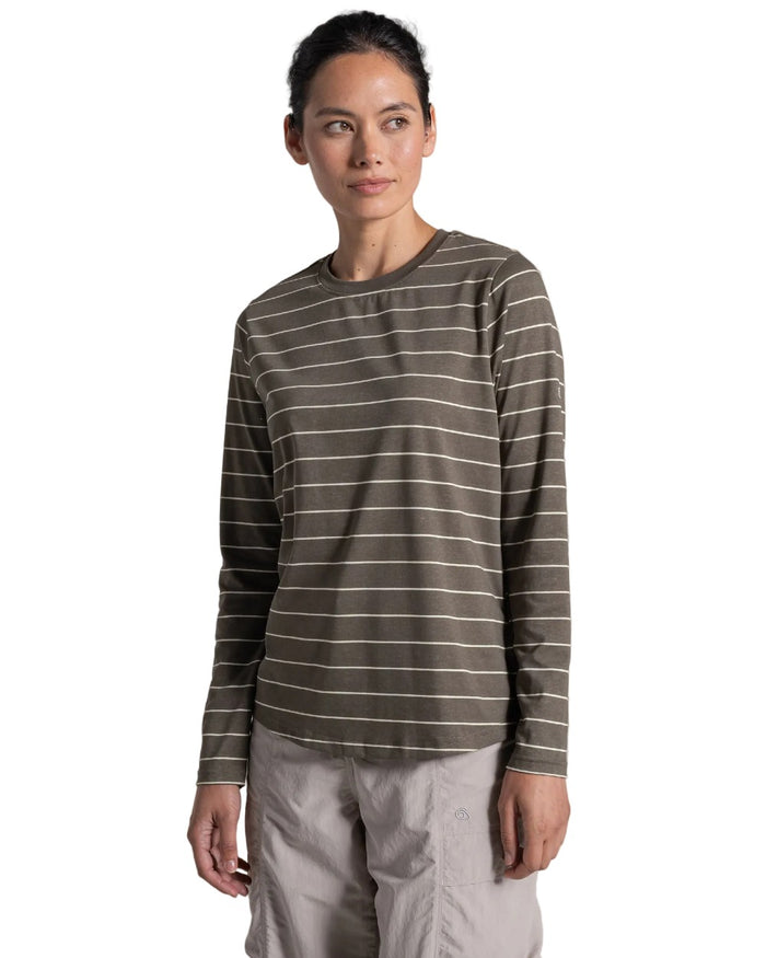 Wild Olive Stripe coloured Craghoppers Womens NosiLife Akona Long Sleeved Top on white background #colour_wild-olive-stripe