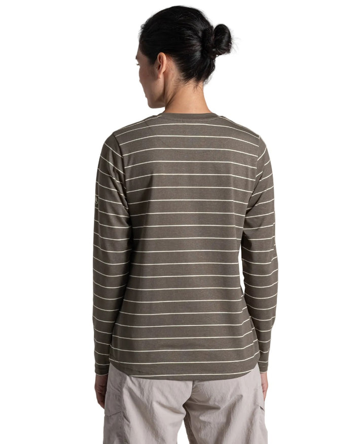 Wild Olive Stripe coloured Craghoppers Womens NosiLife Akona Long Sleeved Top on white background #colour_wild-olive-stripe