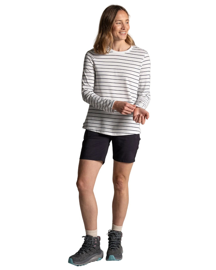 Sail White Blue Navy Stripe coloured Craghoppers Womens NosiLife Akona Long Sleeved Top on white background #colour_sail-white-blue-navy-stripe