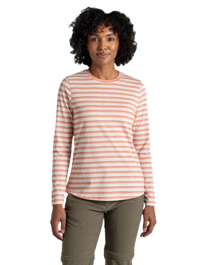 Clay Stripe coloured Craghoppers Womens NosiLife Akona Long Sleeved Top on white background #colour_clay-stripe