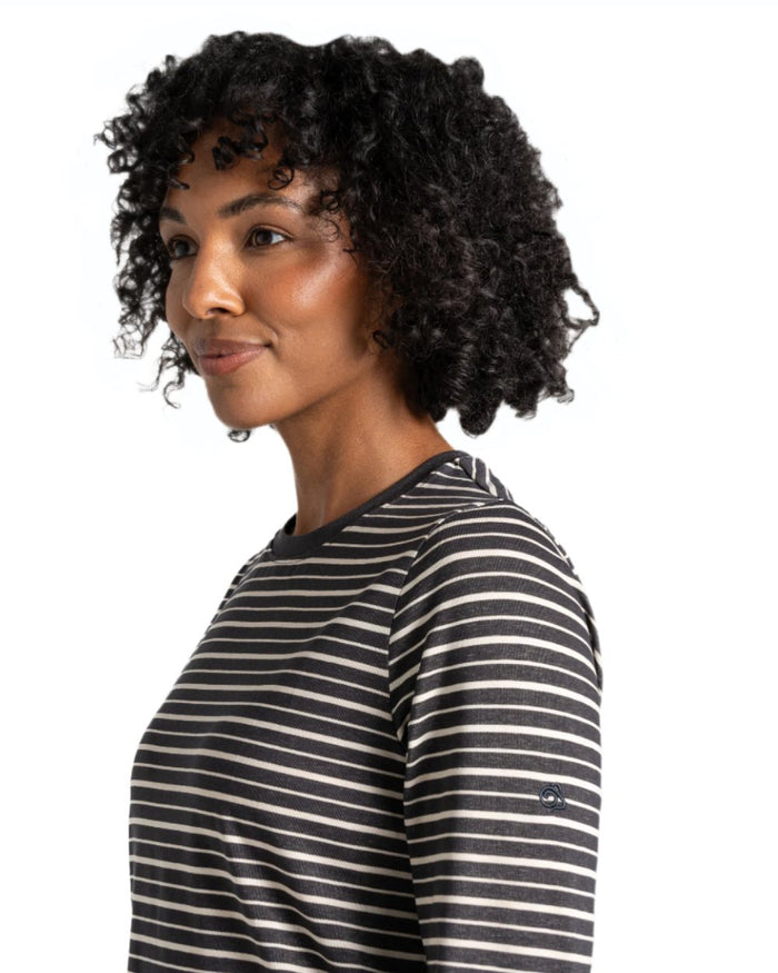 Charcoal Stripe coloured Craghoppers Womens NosiLife Akona Long Sleeved Top on white background #colour_charcoal-stripe