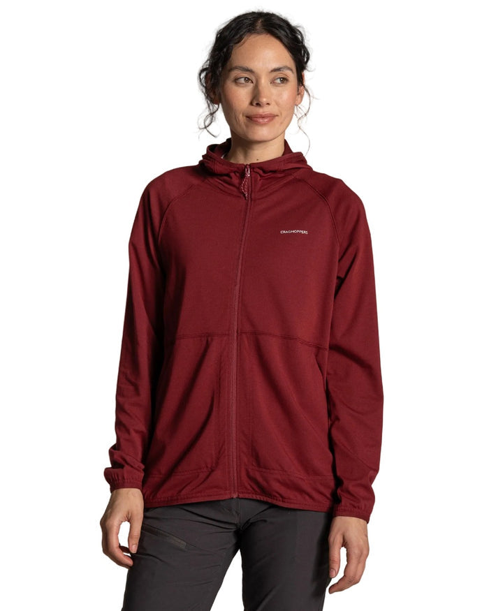 Riad Red coloured Craghoppers Womens NosiLife Aya Hooded Jacket on white background #colour_riad-red