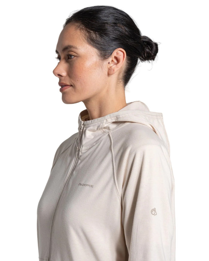 Oyster Marl coloured Craghoppers Womens NosiLife Aya Hooded Jacket on white background #colour_oyster-marl