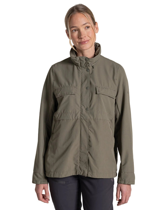 Wild Olive coloured Craghoppers Womens NosiLife Farah Jacket on white background #colour_wild-olive
