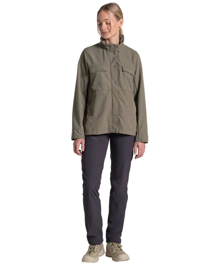 Wild Olive coloured Craghoppers Womens NosiLife Farah Jacket on white background #colour_wild-olive
