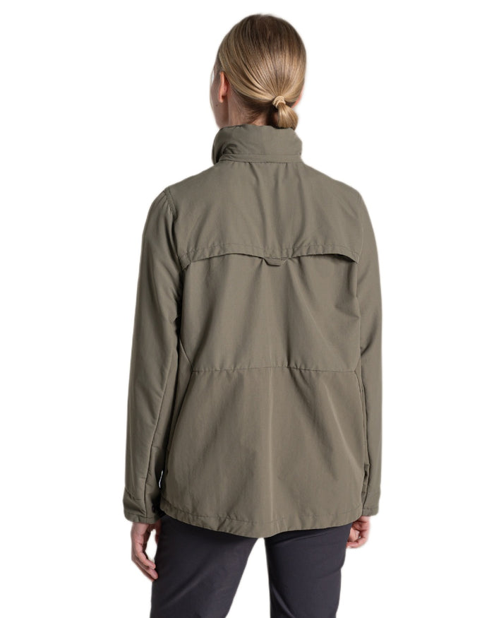 Wild Olive coloured Craghoppers Womens NosiLife Farah Jacket on white background #colour_wild-olive
