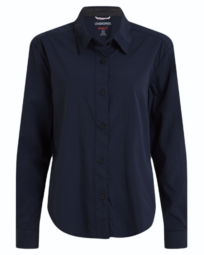 Blue Navy coloured Craghoppers Womens NosiLife Freeda Long Sleeved Shirt on white background #colour_blue-navy