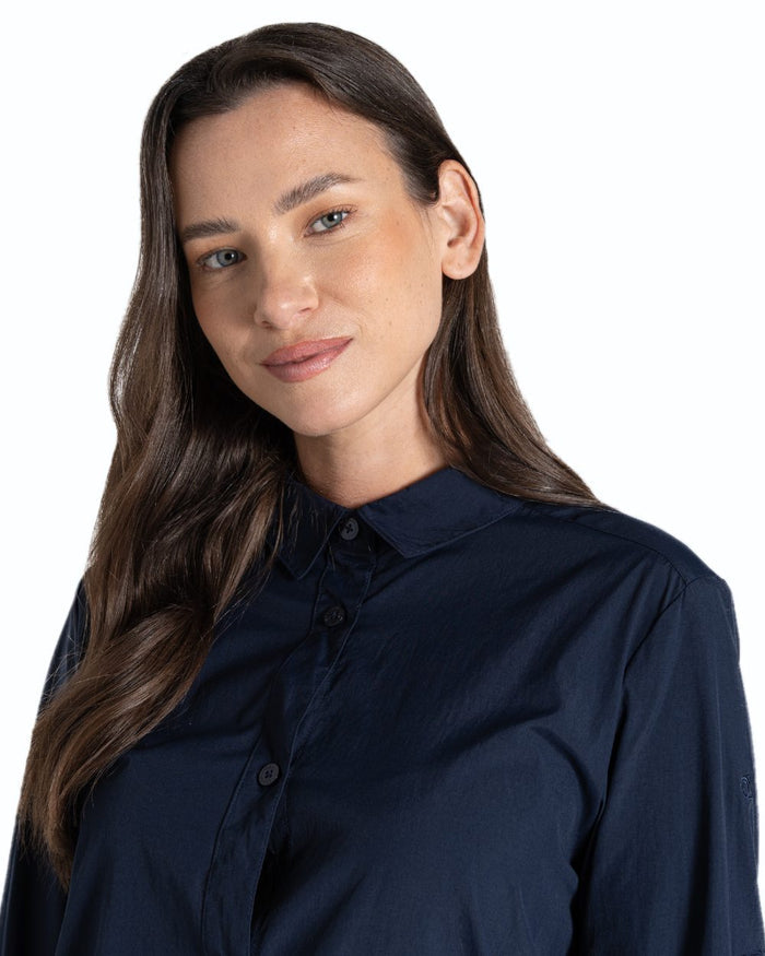 Blue Navy coloured Craghoppers Womens NosiLife Freeda Long Sleeved Shirt on white background #colour_blue-navy