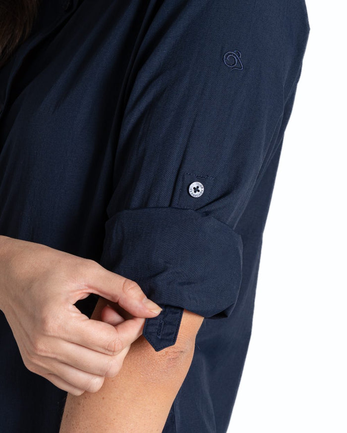 Blue Navy coloured Craghoppers Womens NosiLife Freeda Long Sleeved Shirt on white background #colour_blue-navy